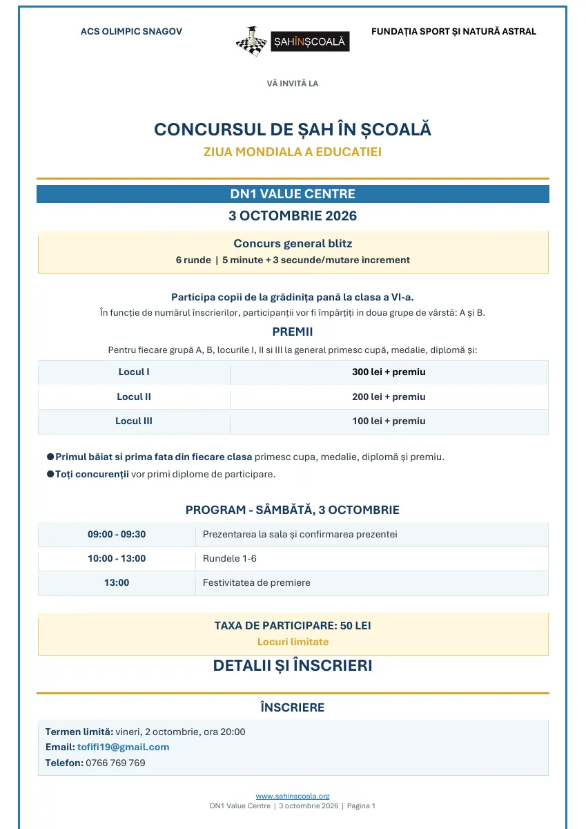 Pagina 1 din invitația pentru Concursul de Șah în Școală — Ziua Mondială a Educației