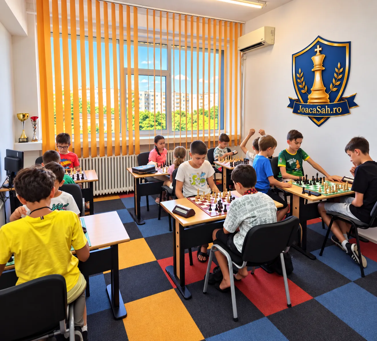 Copii la antrenament în sala luminoasă a Clubului de Șah Viitorii Campioni din Crângași