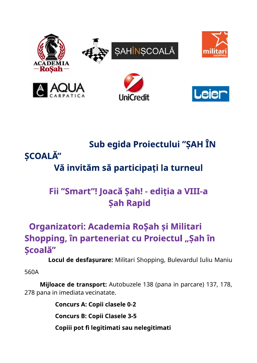 Pagina 1 din invitația pentru Fii „Smart”! Joacă Șah! — ediția a VIII-a