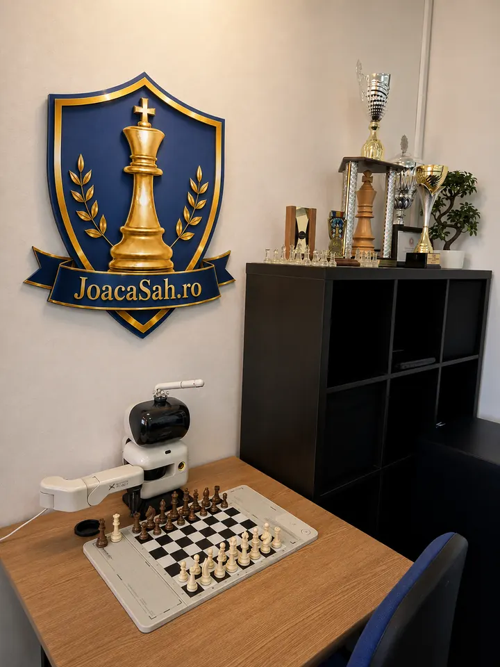 Sala clubului cu robotul de șah și trofeele Viitorii Campioni