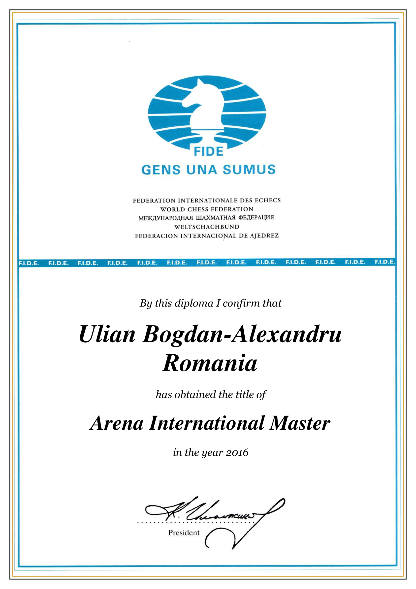Diplomă FIDE — Arena International Master, 2016