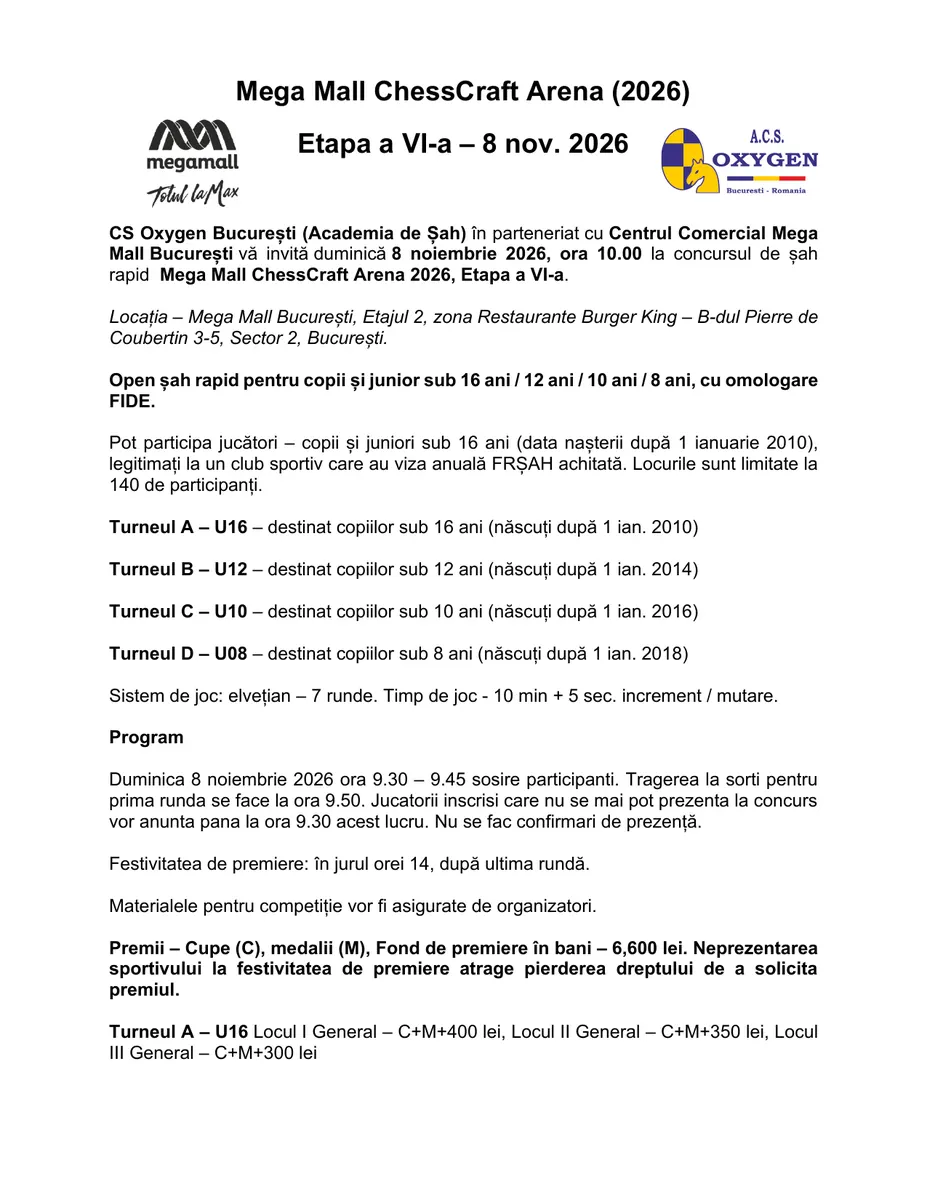 Pagina 1 din invitația pentru Mega Mall ChessCraft Arena 2026 — Etapa a VI-a