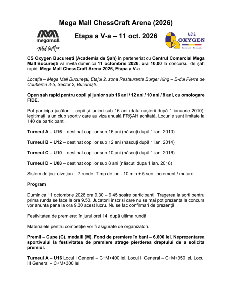 Pagina 1 din invitația pentru Mega Mall ChessCraft Arena 2026 — Etapa a V-a