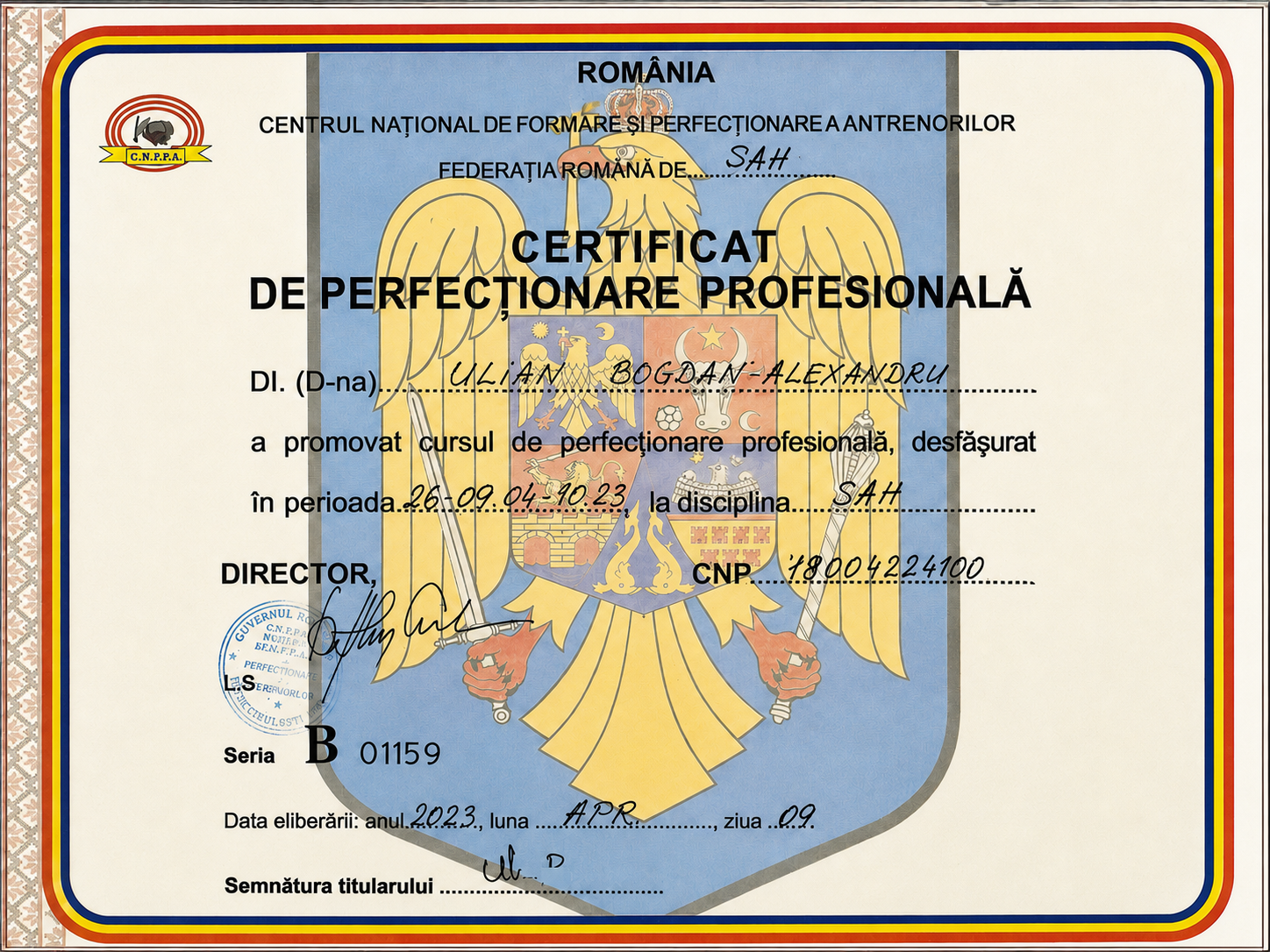 Certificat de perfecționare profesională — Federația Română de Șah, 2023