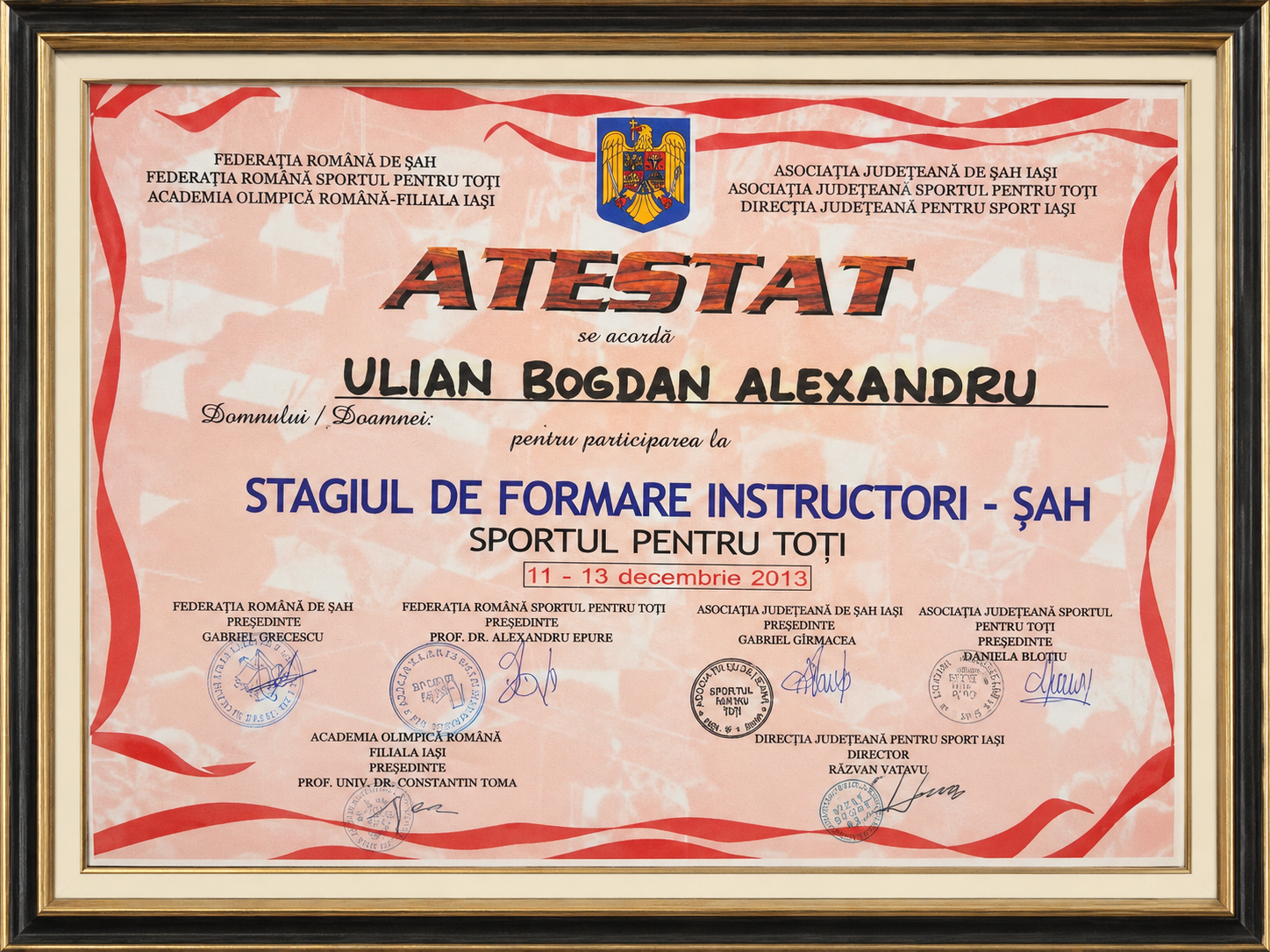Atestat Stagiul de formare instructori șah — Federația Română de Șah, 2013