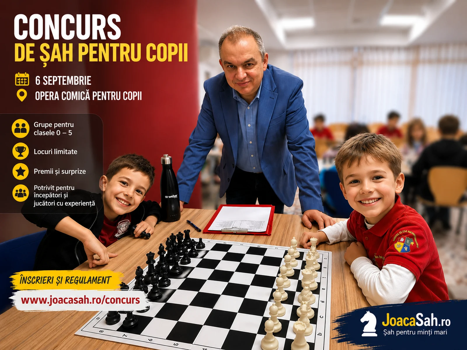 Copii participând la un concurs de șah organizat de Clubul de Șah Viitorii Campioni